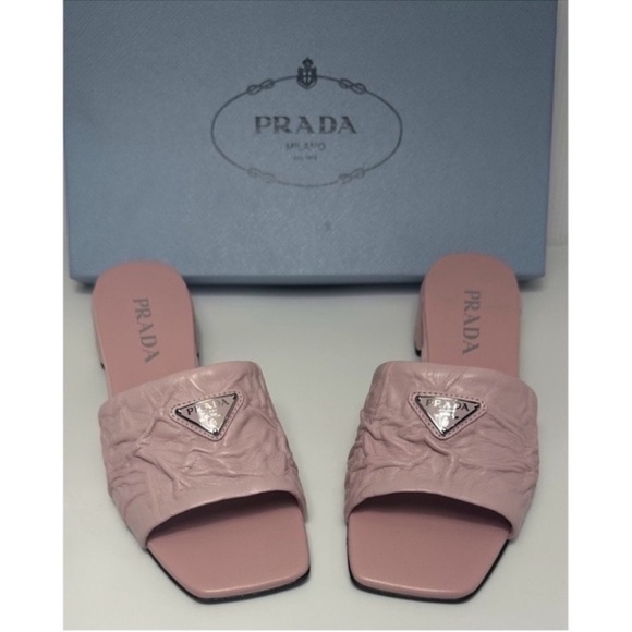 Prada Crinkled Leather Block-Heel Slip on Logo Mules Sandals size 8 Pink New - Picture 8 of 14